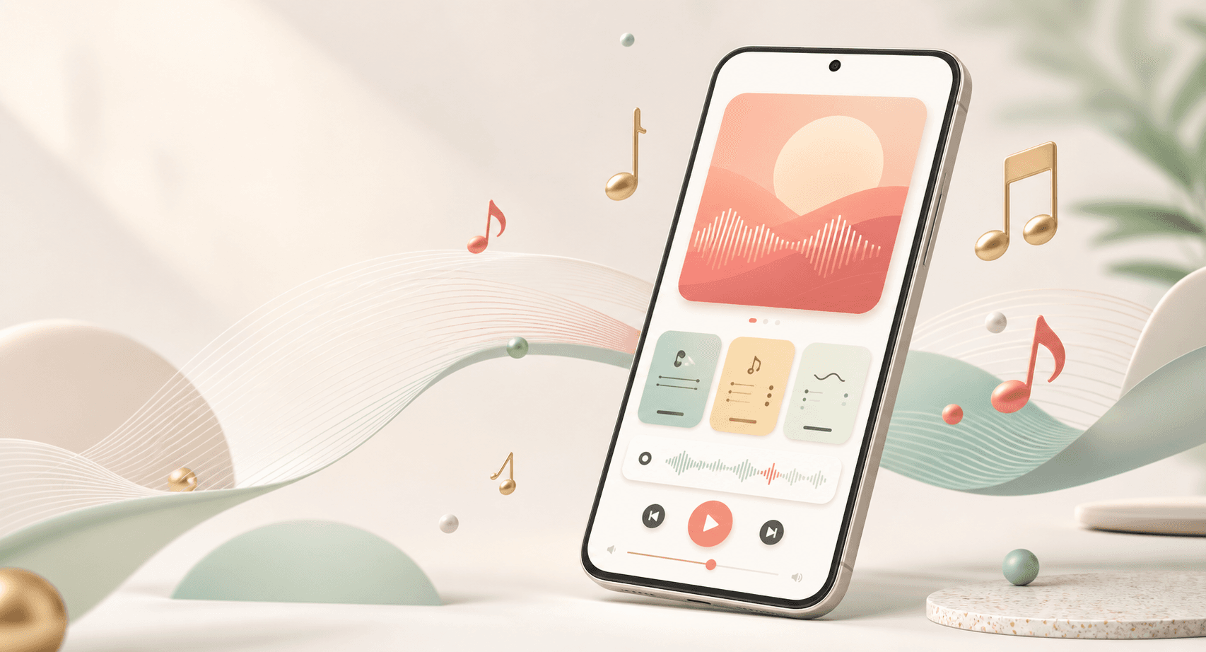A friendly smartphone music app interface surrounded by music notes and soft sound waves.